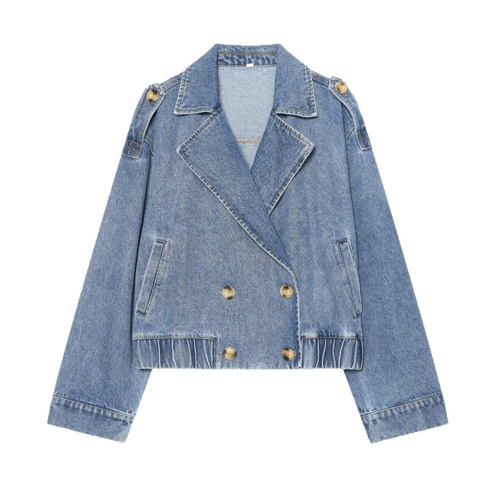 Dam Kort Denimjacka i Trench Stil med Double-Breasted Knapp Knäppning och Epaulettes