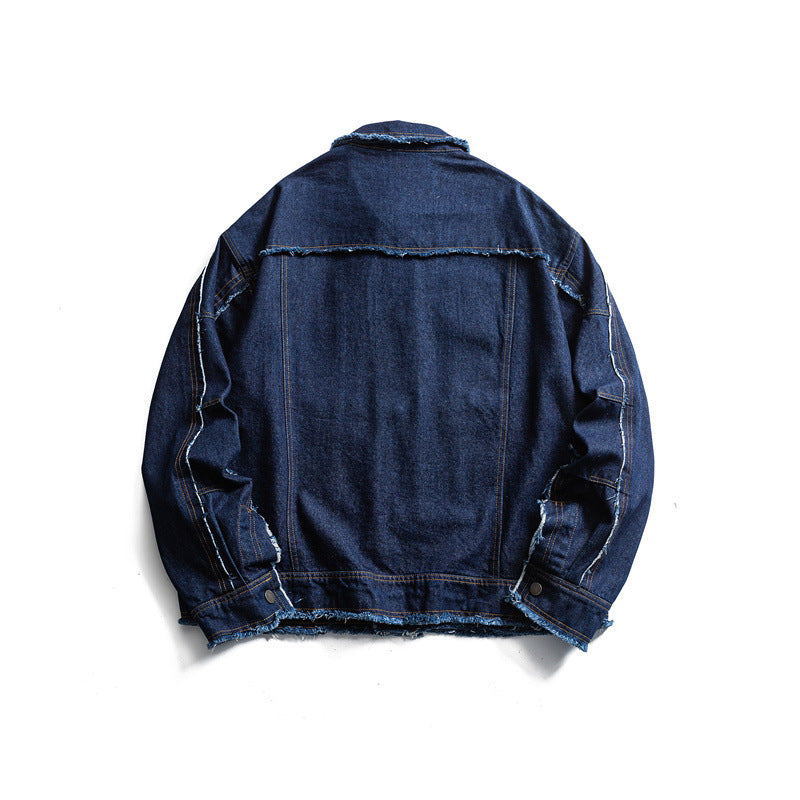 Herr oversize Jeans Jacka med Frayed Edges och Large fickor med lock