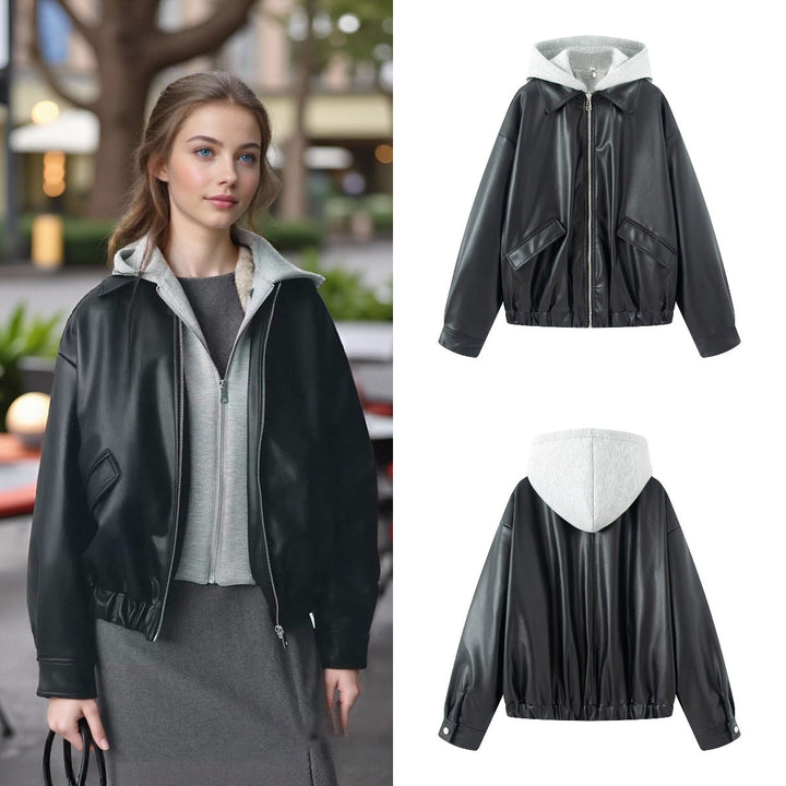 Dam Oversized Konstläder Blouson med Huva Insert och Lockfickor