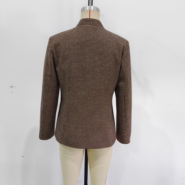 Dam casted Houndstooth jacka med ståkrage, four flapped fickor och decorative knäppning