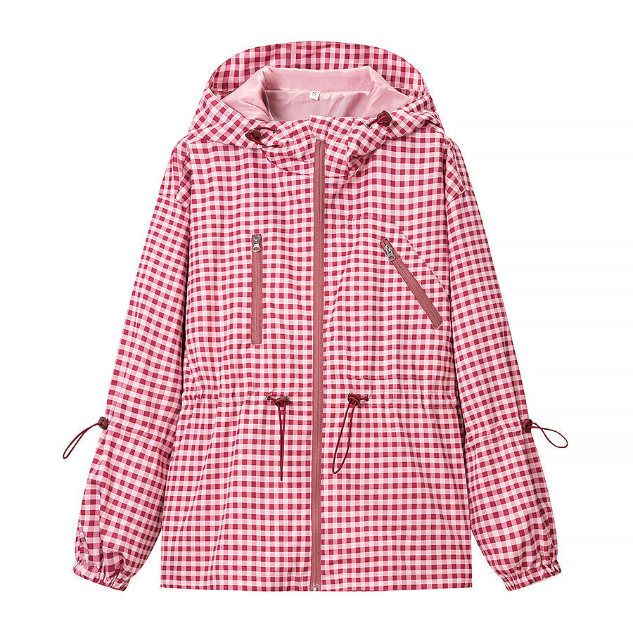 Dam 20+ Lätt Rutig med Huva Jacka med Drawstring, Dragkedja, och Funktionell Fickor