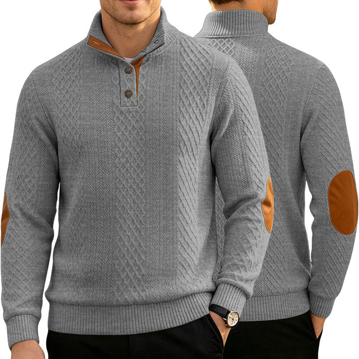 Herr Cable Stickad Jumper med Ståkrage och Läder Look Elbow Lappar