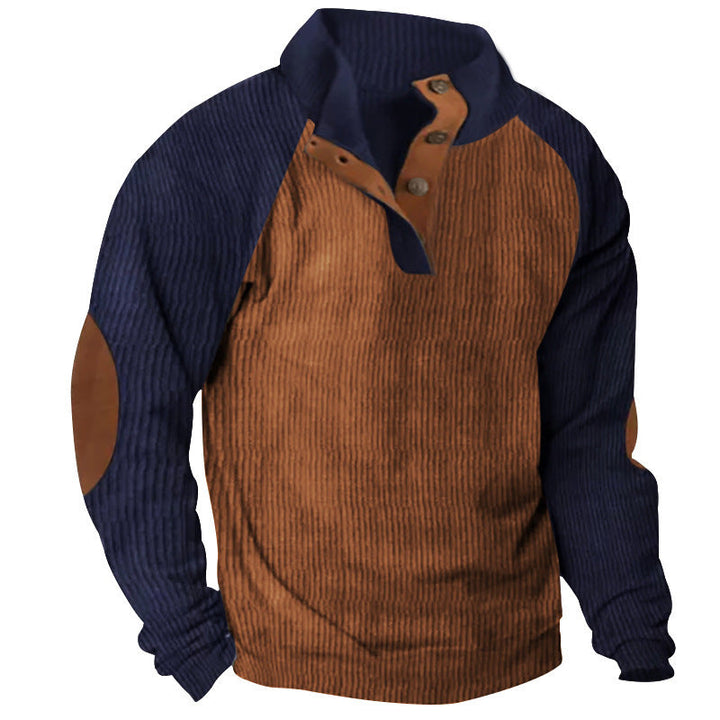 Herr Strukturerad Raglan Henley Pullover med Ståkrage, Elbow Lappar &amp; Knapplist
