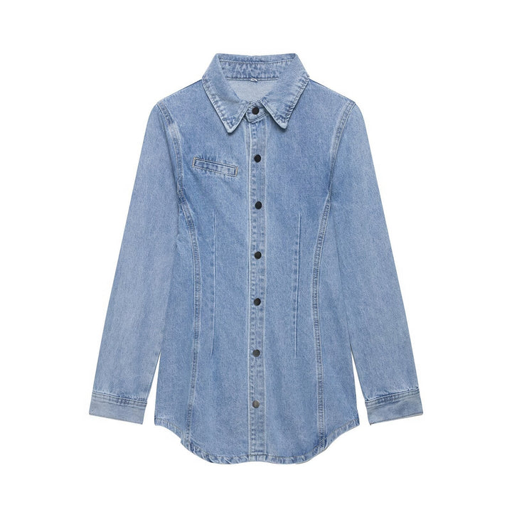 Dam Oversize Denim Skjortjacka med Tailored Darts och Press Studs