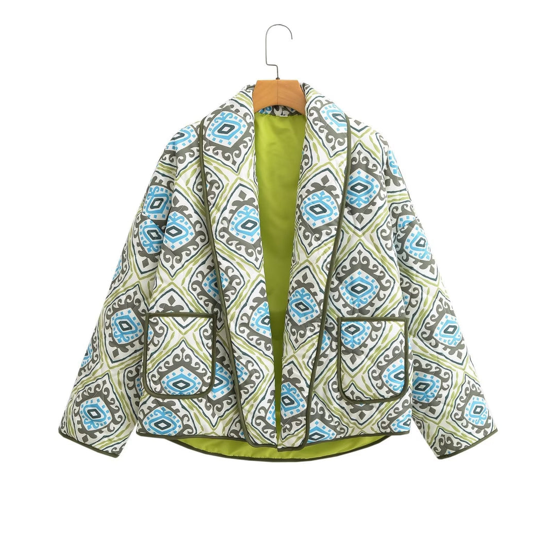 Dam kviltad Kimono jacka med Graphic Allover mönster, Shawl krage och utanpåfickor
