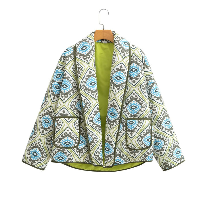 Dam kviltad Kimono jacka med Graphic Allover mönster, Shawl krage och utanpåfickor
