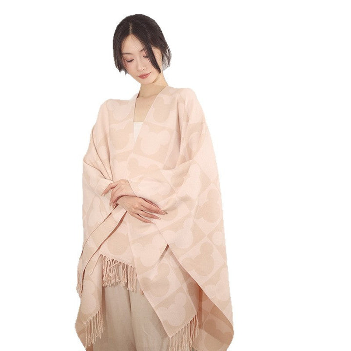 Dam Oversize Jacquard poncho med Graphic Head silhuett mönster och Fringes