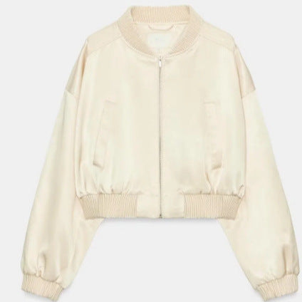 Dam Kort Satin Look Blouson Jacka med Balloon Ärmar och Ribbed Muddar