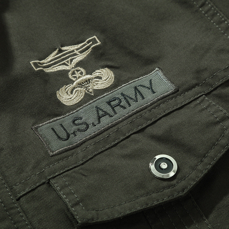 Herr Military-Inspired Pilot Jacka Tillverkad av Canvas med Epaulets och Ribbad Muddar