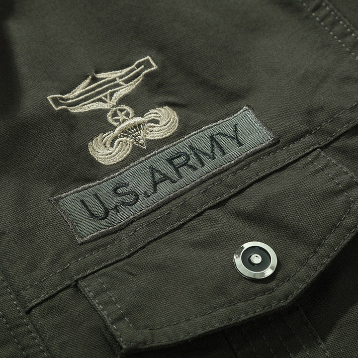Herr Military-Inspired Pilot Jacka Tillverkad av Canvas med Epaulets och Ribbad Muddar