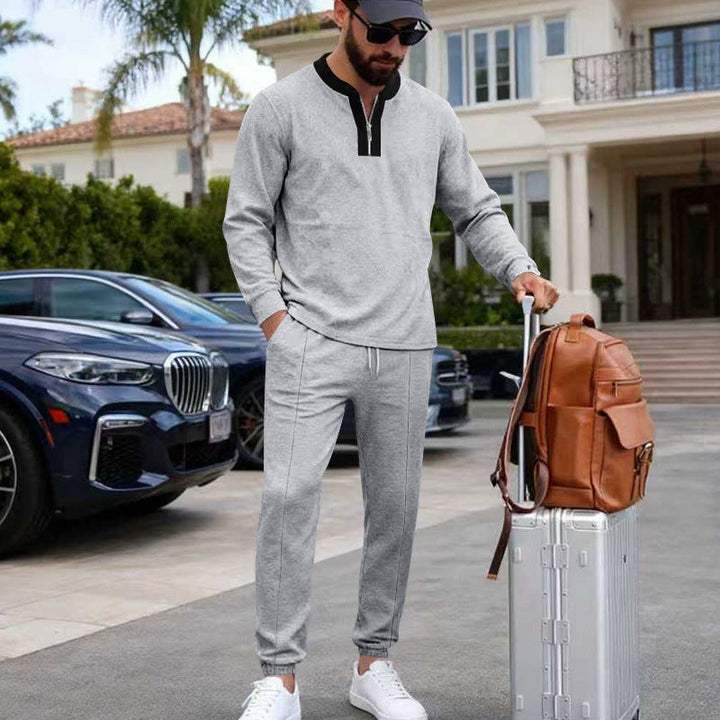 Herr Lätt Henley Loungewear Set med Contrast Krage, Dragsko Joggingbyxor och Elastiska Muddar