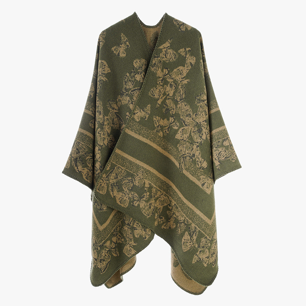 Dam Jacquard capeponcho med Butterfly mönster och ullblandning look