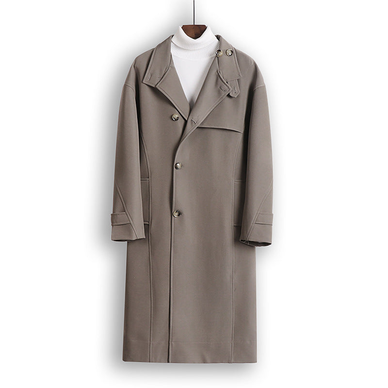Herr Lång-Skärning Minimalistisk Trench Kappa med Sjalkrage Krage och Justerbar Ärm Remmar