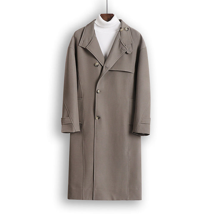 Herr Lång-Skärning Minimalistisk Trench Kappa med Sjalkrage Krage och Justerbar Ärm Remmar