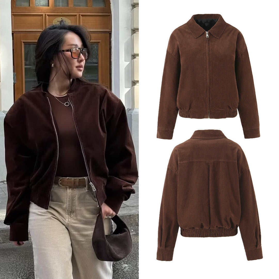Dam Cord Jacka Tillverkad av Wide-Wale Corduroy med Dragkedja, Skjort Krage, och Elastic Nederkant