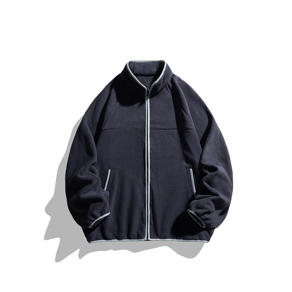 Unisex Oversized Fleece Jacka med Ståkrage, Hel-Length Dragkedja, och Contrast Piping