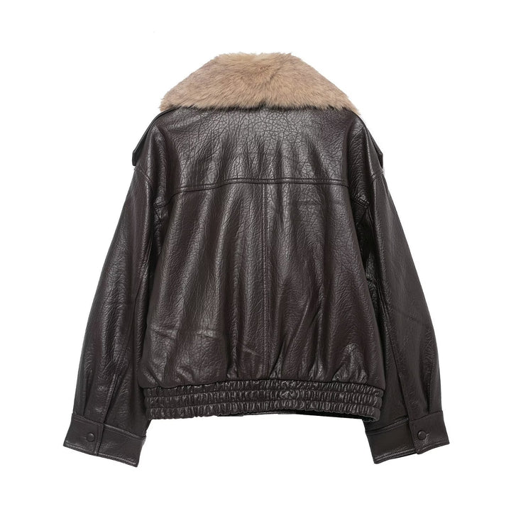 Dam kort läder jacka med voluminous Fur krage och midja Smock