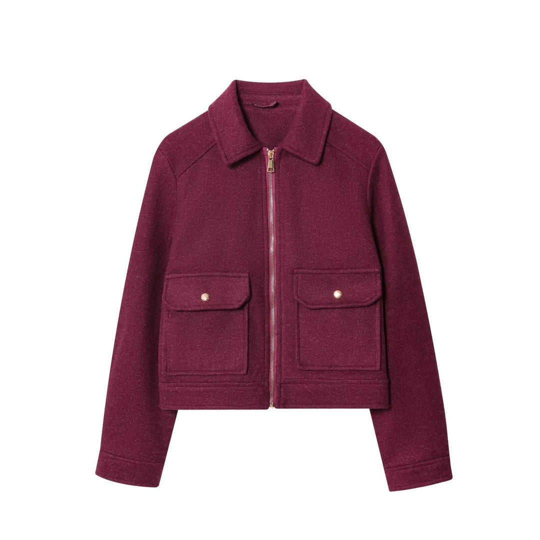 Dam Kort Boxig Jacka i Suede Look med Stå Krage, Dragkedja och Patch Fickor