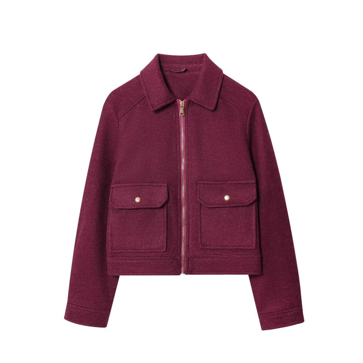 Dam Kort Boxig Jacka i Suede Look med Stå Krage, Dragkedja och Patch Fickor