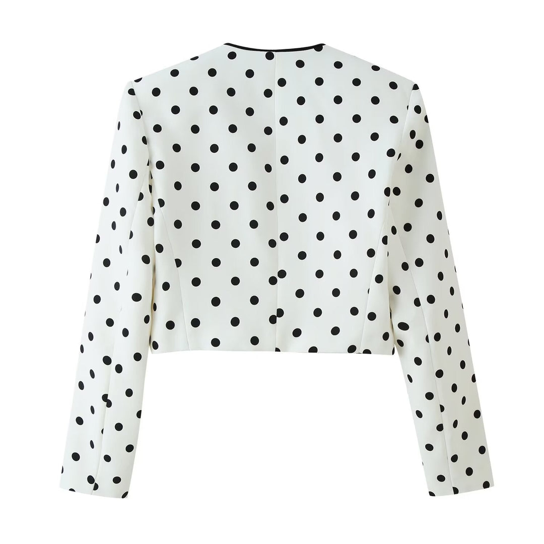 Dam Kort Övergångsjacka i Prickig Prick Design med Round Neckline och Contrasted Kant Processing