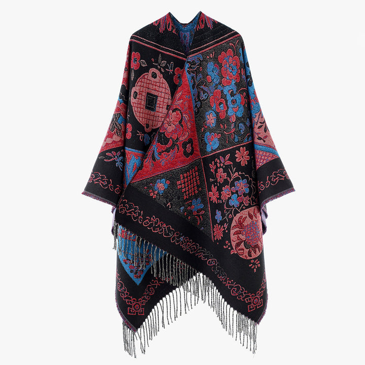 Dam Jacquard poncho med Boho Patchwork mönster och fransfåll