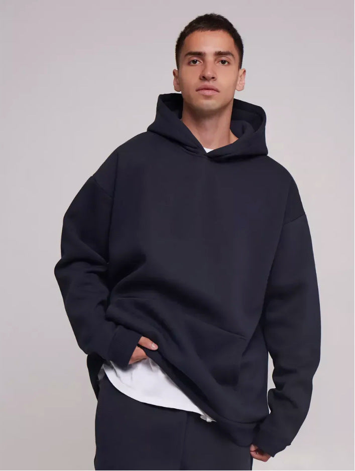 Herr Kraftig Fleece Boxig Luvtröja med Deep Axel Drop Reinforced Huva och Känguruficka
