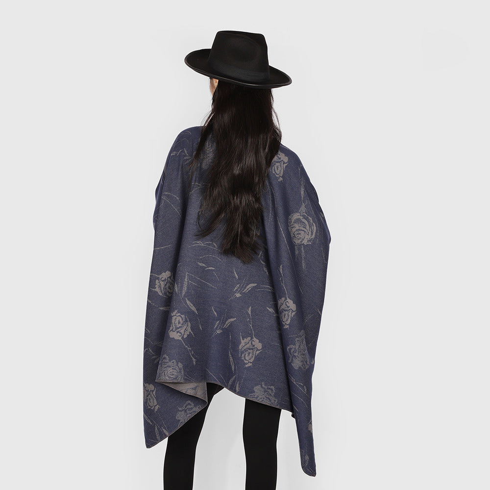 Dam Reversible capeponcho med Rose Jacquard och Tie bälte