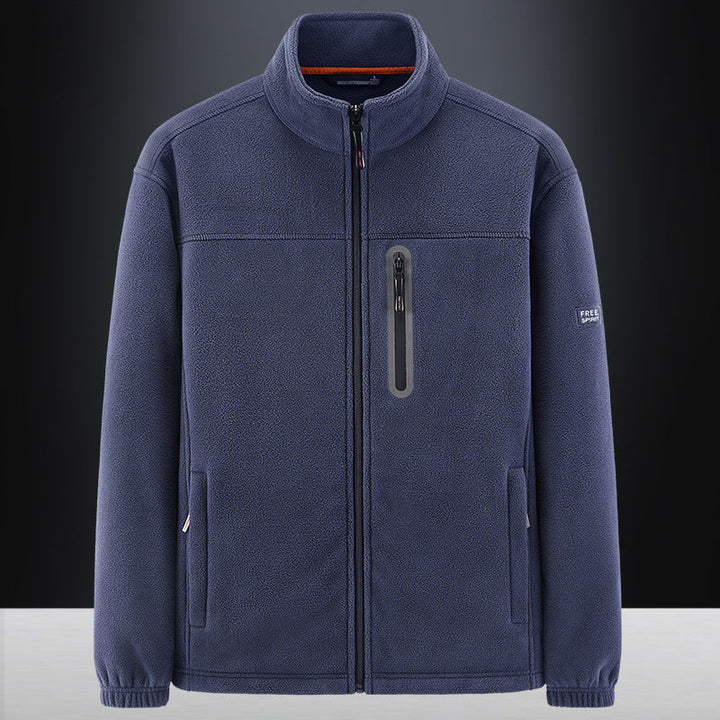 Herr fleece jacka med vindresistent microfleece, welded bröst dragkedja ficka, och elastiska muddar