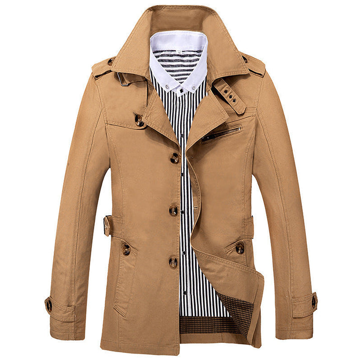 Herr Short Trenchcoat med Axel Patches, Midja Belt och Randig Foder