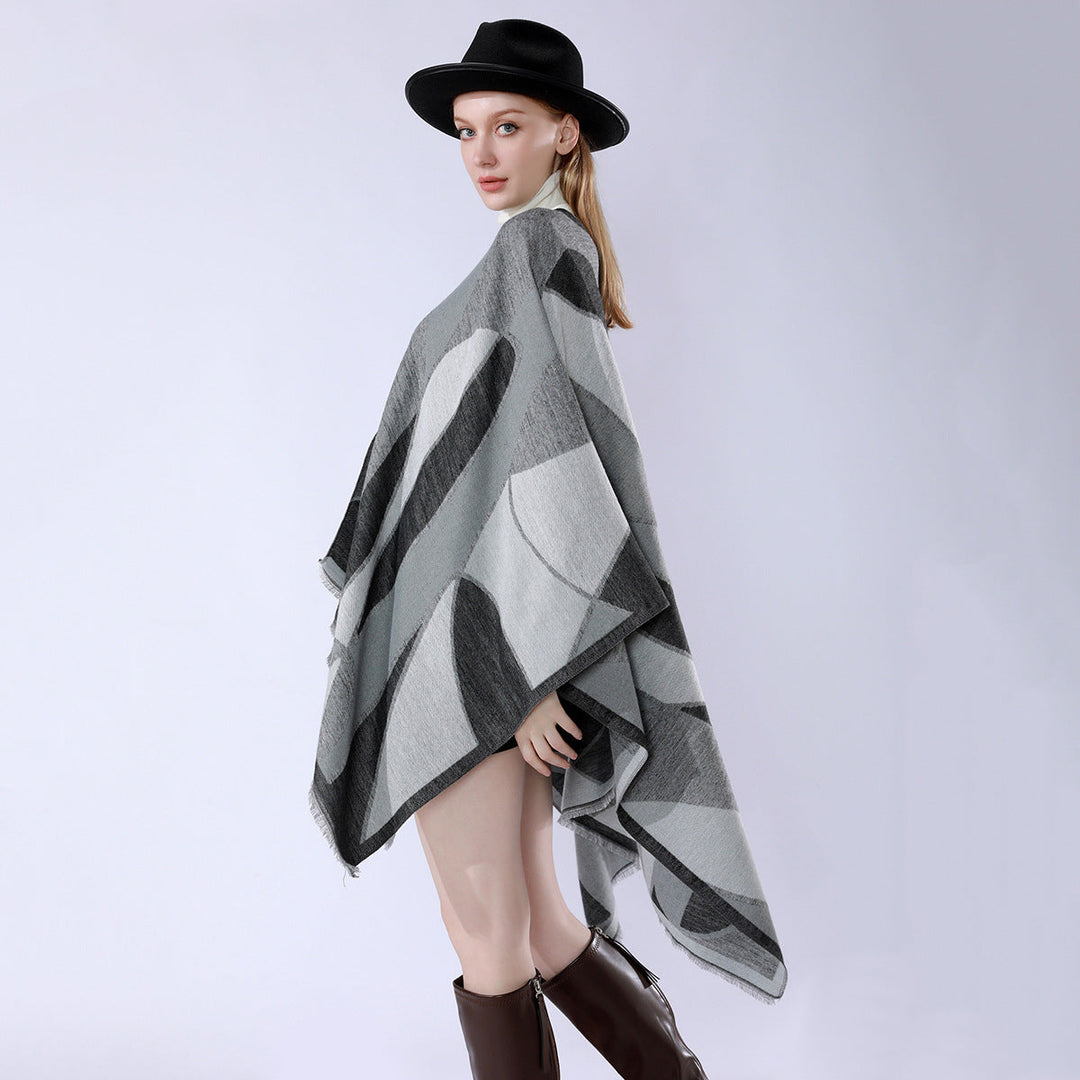 Dam Oversize poncho med V Neck och Geometric Jacquard design