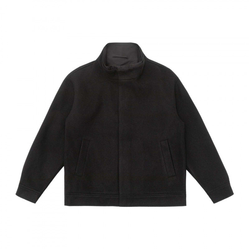 Herr kort skärning ullblandning blouson jacka med ståkrage, dold knäppslå och enkel siluett