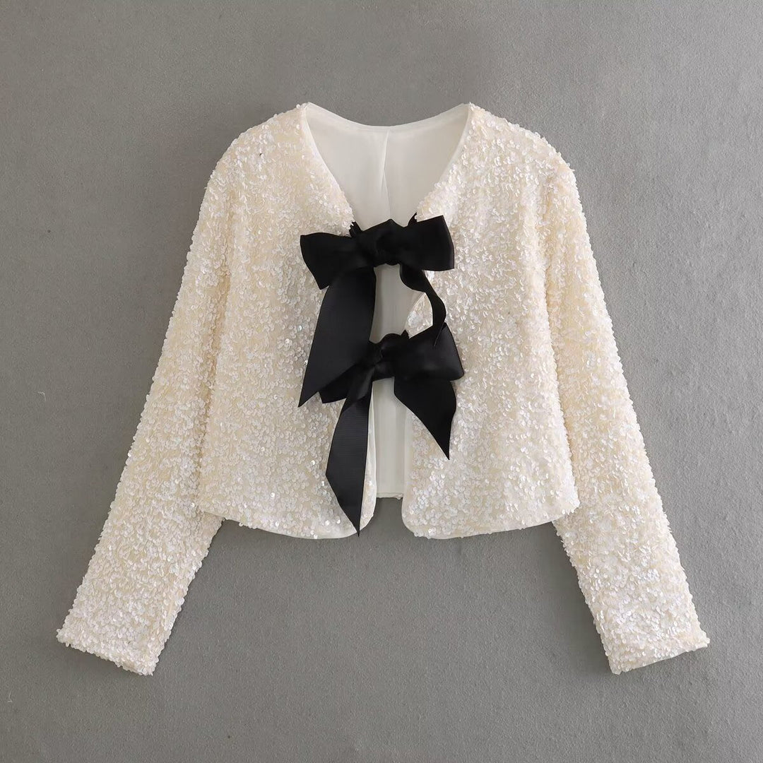 Dam sparkling cropped bolero jacka med sequin kant och decorative satin bows