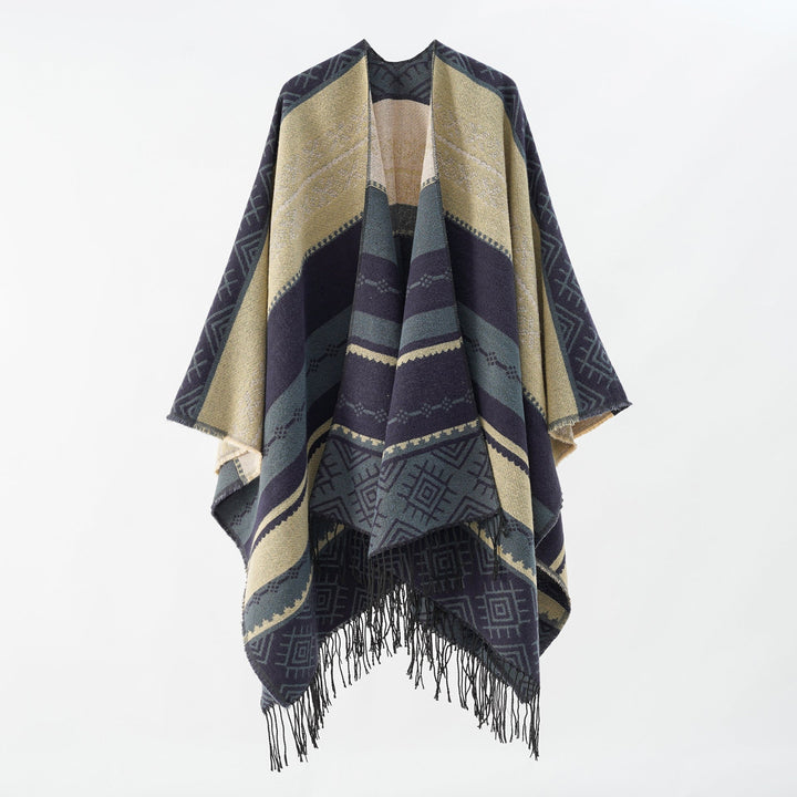 Dam Woven Jacquard poncho med Geometric Ethno mönster och Fringed fåll