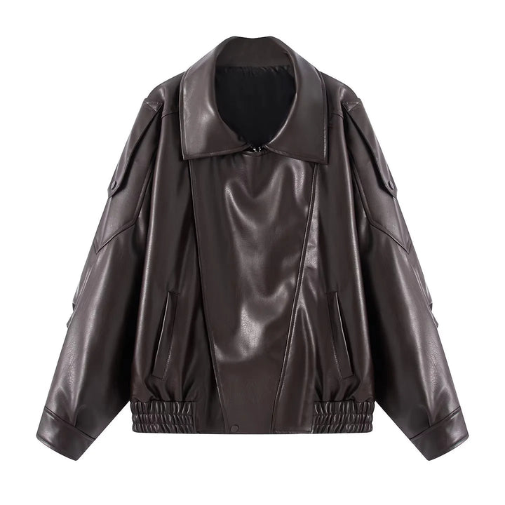Dam oversized konstläderjacka med stor sjalkrage, påsydda fickor och elastic waistband