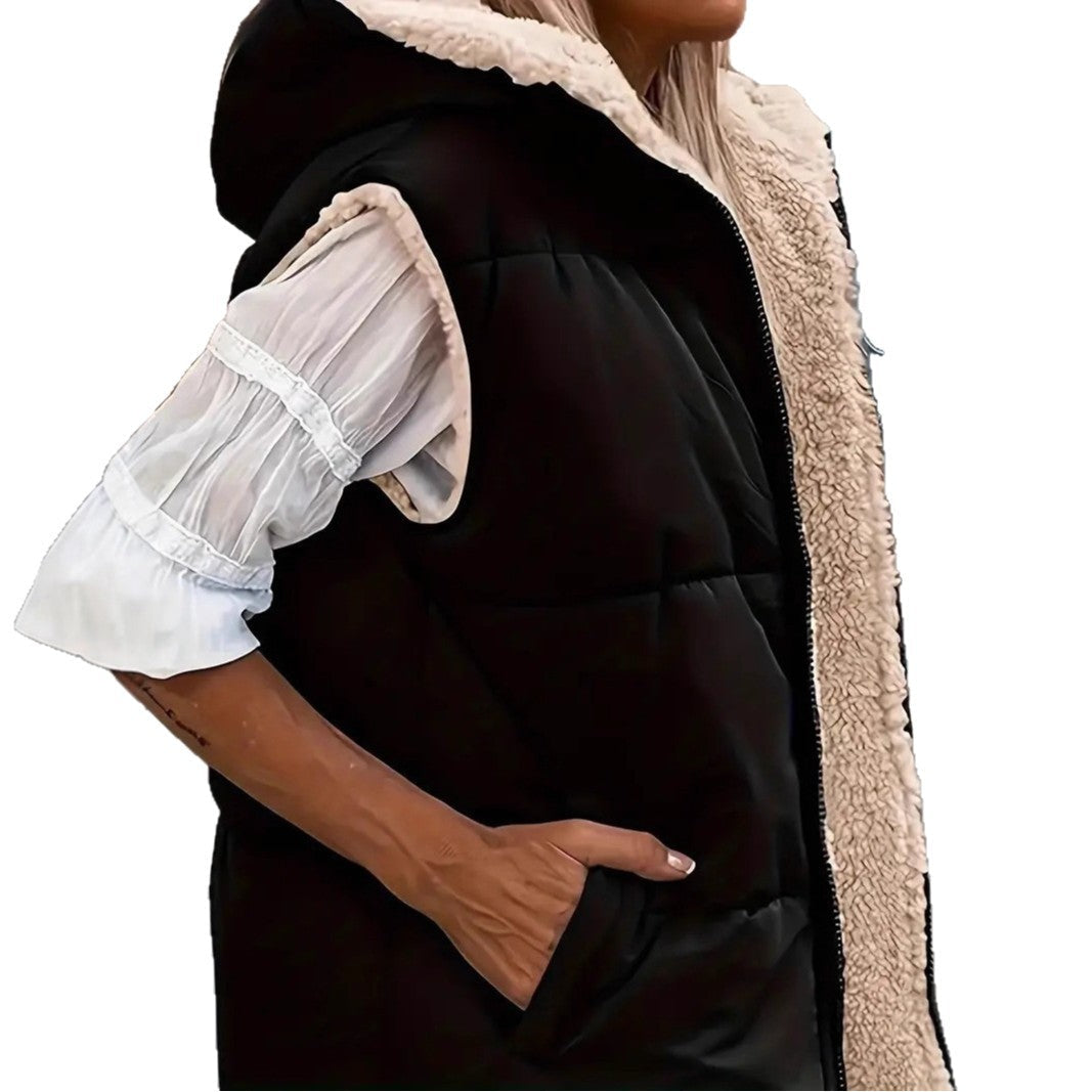 Dam vadderad Hooded väst med Teddy foder och sidofickor