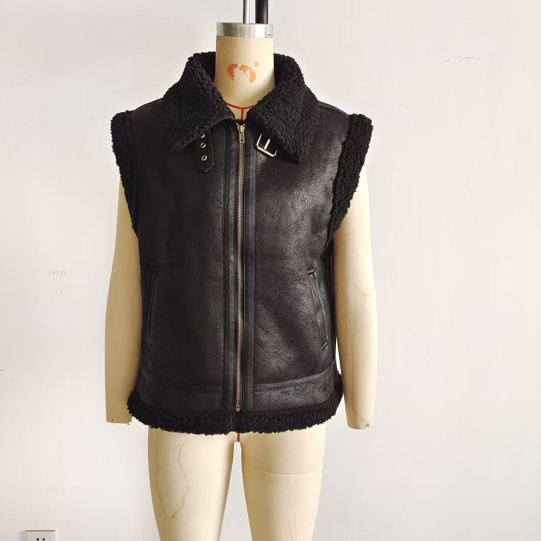 Dam vadderad lambskin imitation väst med stor Sherpa krage, dragkedja och sidofickor
