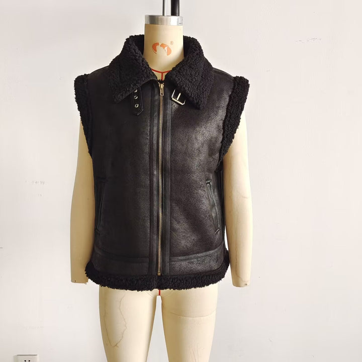 Dam vadderad lambskin imitation väst med stor Sherpa krage, dragkedja och sidofickor