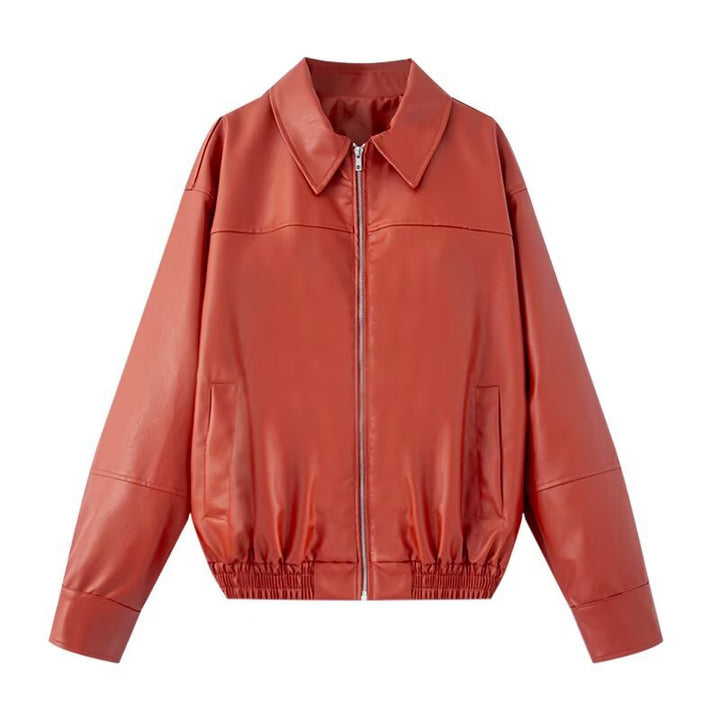Dam Boxig Konstläder Blouson Jacka med Skjortkrage, Dragkedja och Elastic Fåll