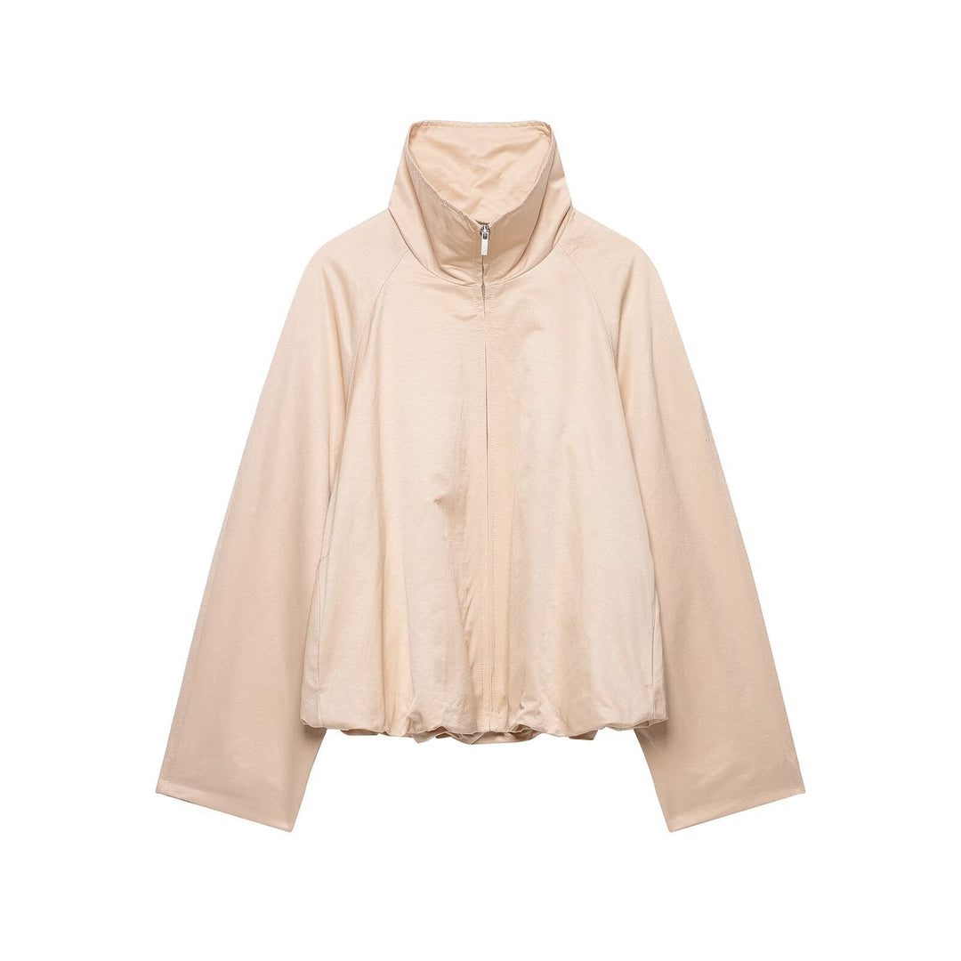 Dam Kort Skärning Övergångsjacka med Funnel Neck, Raglan Ärmar och Drawstring Nederkant