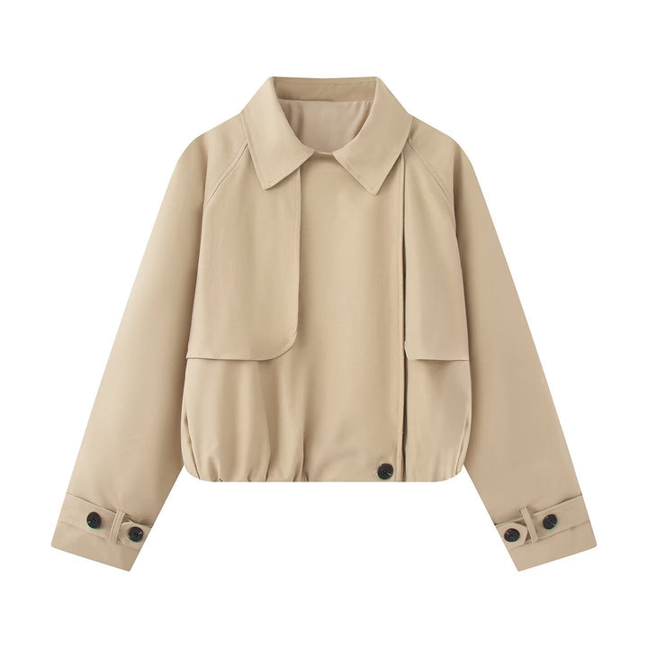 Dam Kort Trench-Stil Blouson med Dold Knapp Knäppning och Drawstring Nederkant