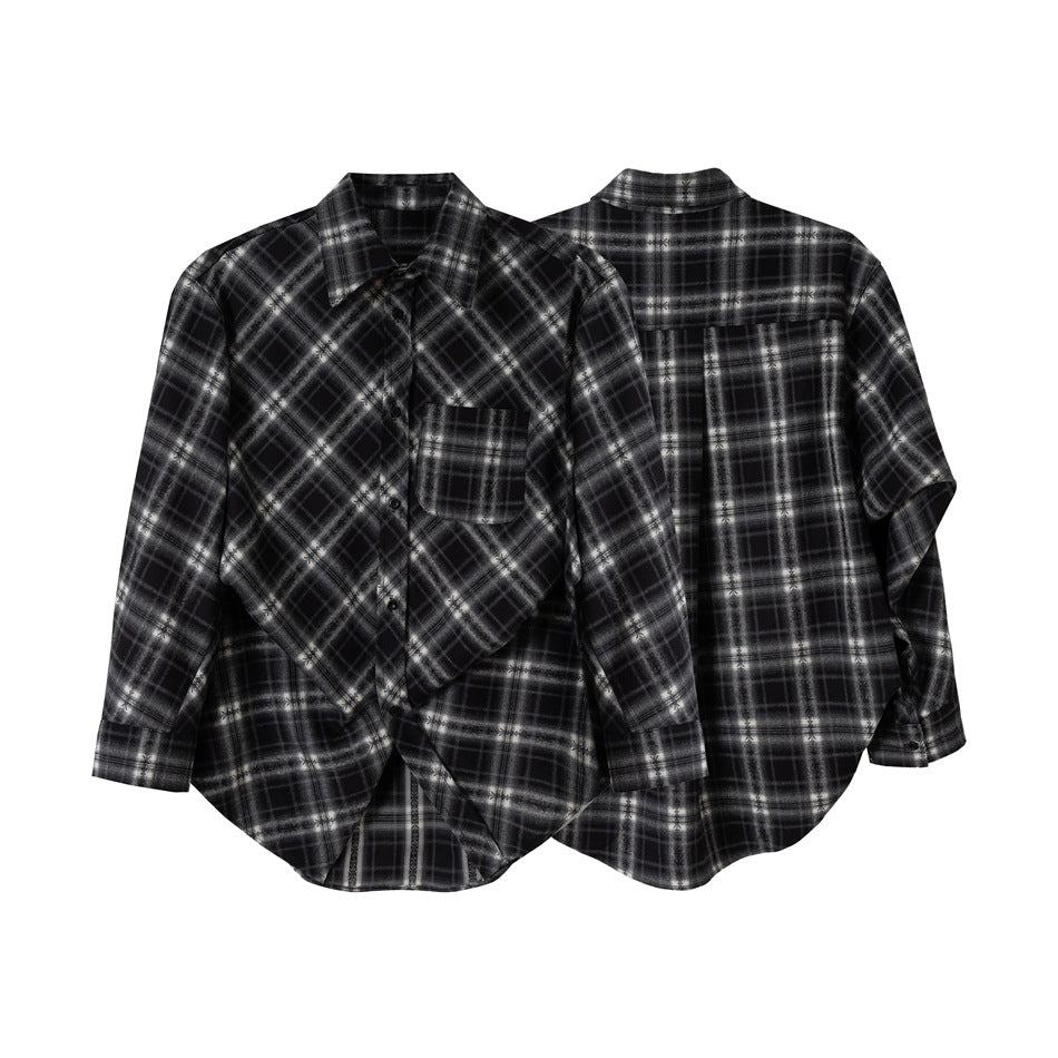 Unisex Rutig Oversized Flanell Skjorta Jacka i Layering Look med Rounded Fåll och Bröstficka