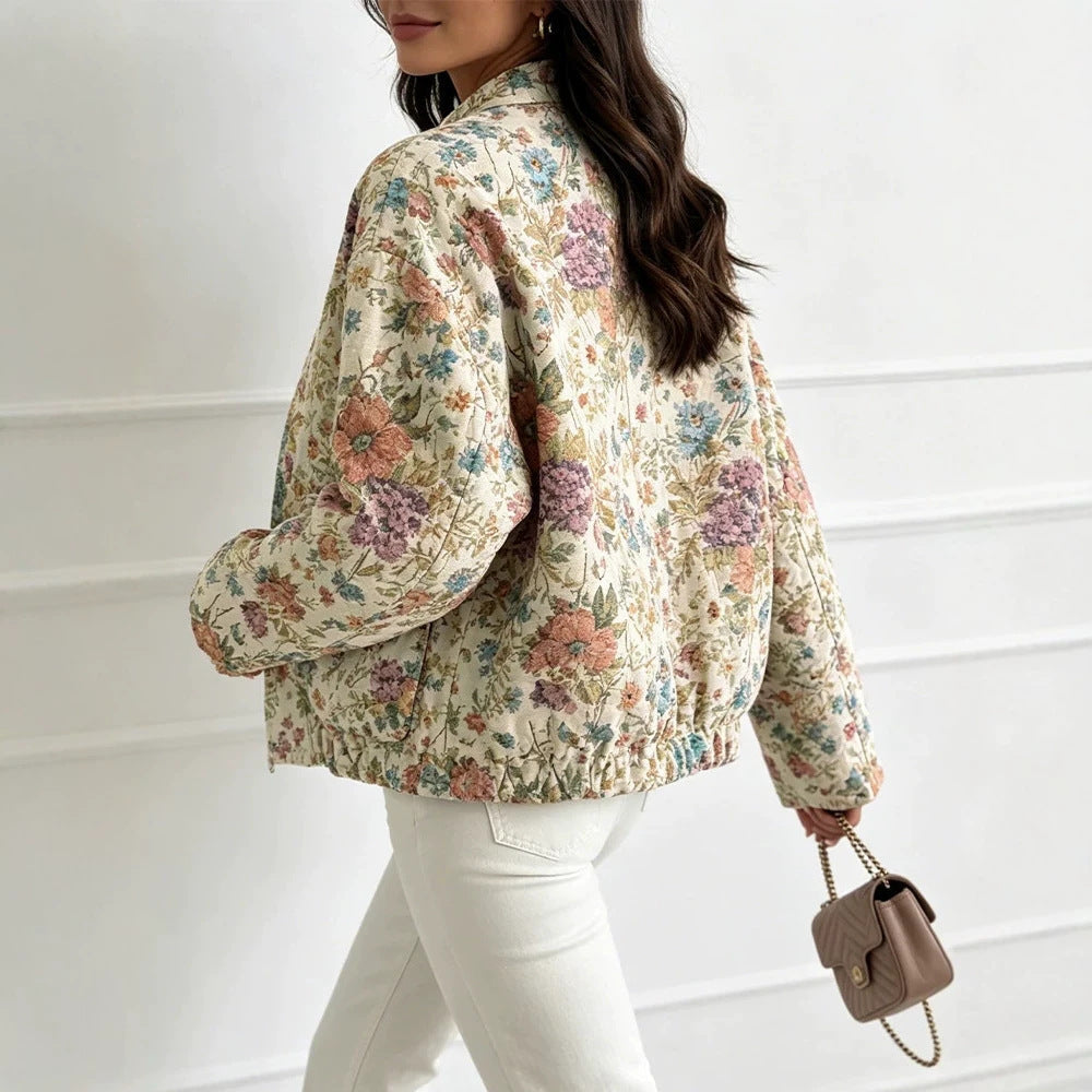 Dam Floral Jacquard quiltad jacka med Standing krage och elastisk fåll