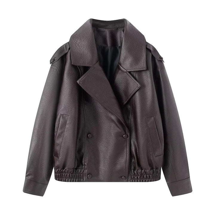 Dam cropped double-breasted konstläder blouson med bred krage och elastisk fåll