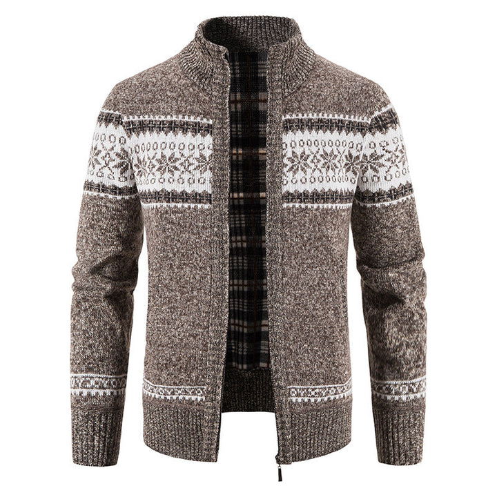 Herr Norwegian Knit Zip Jacka med Stående Krage, Warming Fleecefoder, och Dragkedja