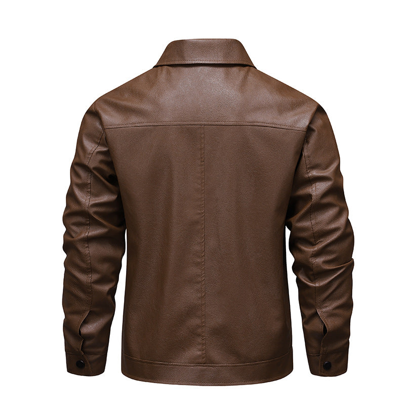 Herr Smal Passform Konstläder Blouson i Vintage Flight Stil med Skjorta Krage och Dragkedja