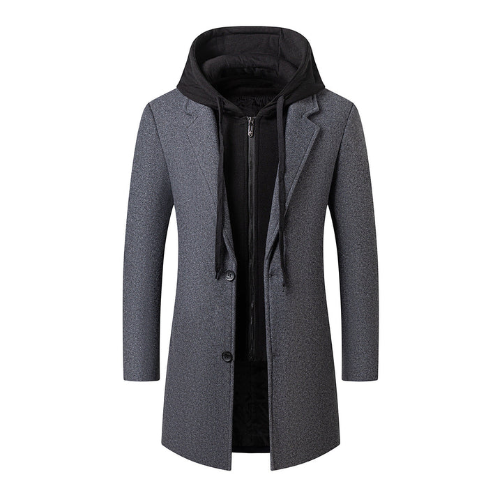 Herr Long Ull Blandning Overcoat med Integrated med Huva Inre Jacka och Tvåvägsdragkedja