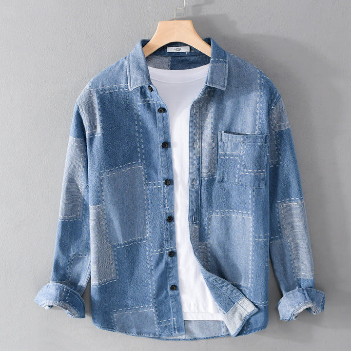 Herr Patchwork Skjortjacka Tillverkad av Texturerad Denim med Synlig Sömmar och Bröstficka