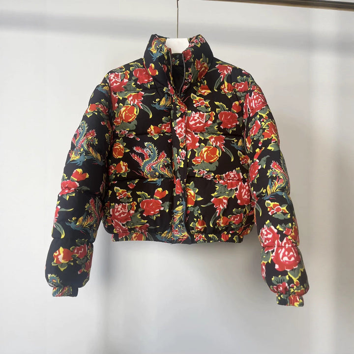 Dam Quiltad Vadderad Kort Jacka med Blommig Heltäckande Tryck och Ståkrage