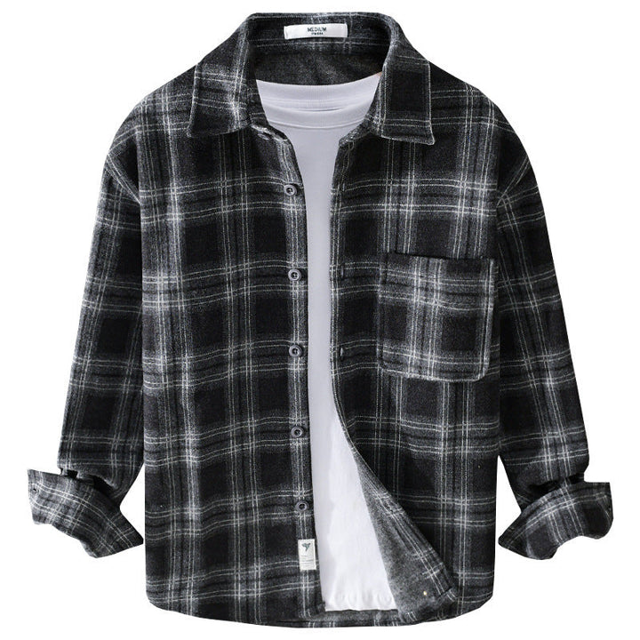 Herr Rutig Flanell Overshirt med Bröstficka och Avslappnad Passform