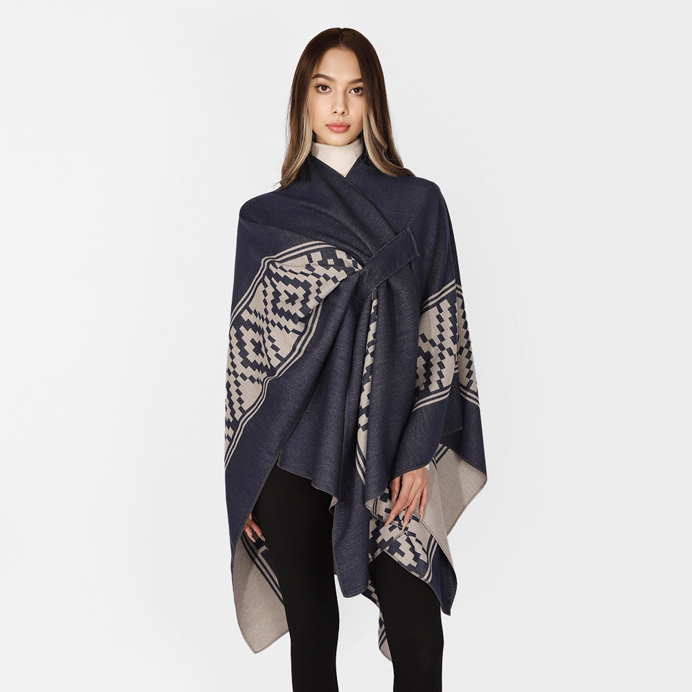 Dam Jacquard Ruana med TIE bälte och geometric mönster